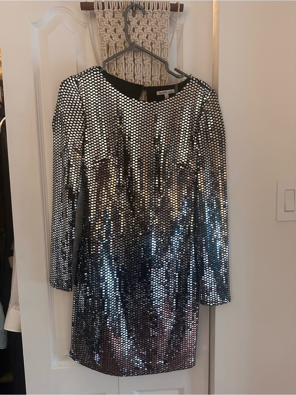 Silver Sequin Long-Sleeve Shift Dress
